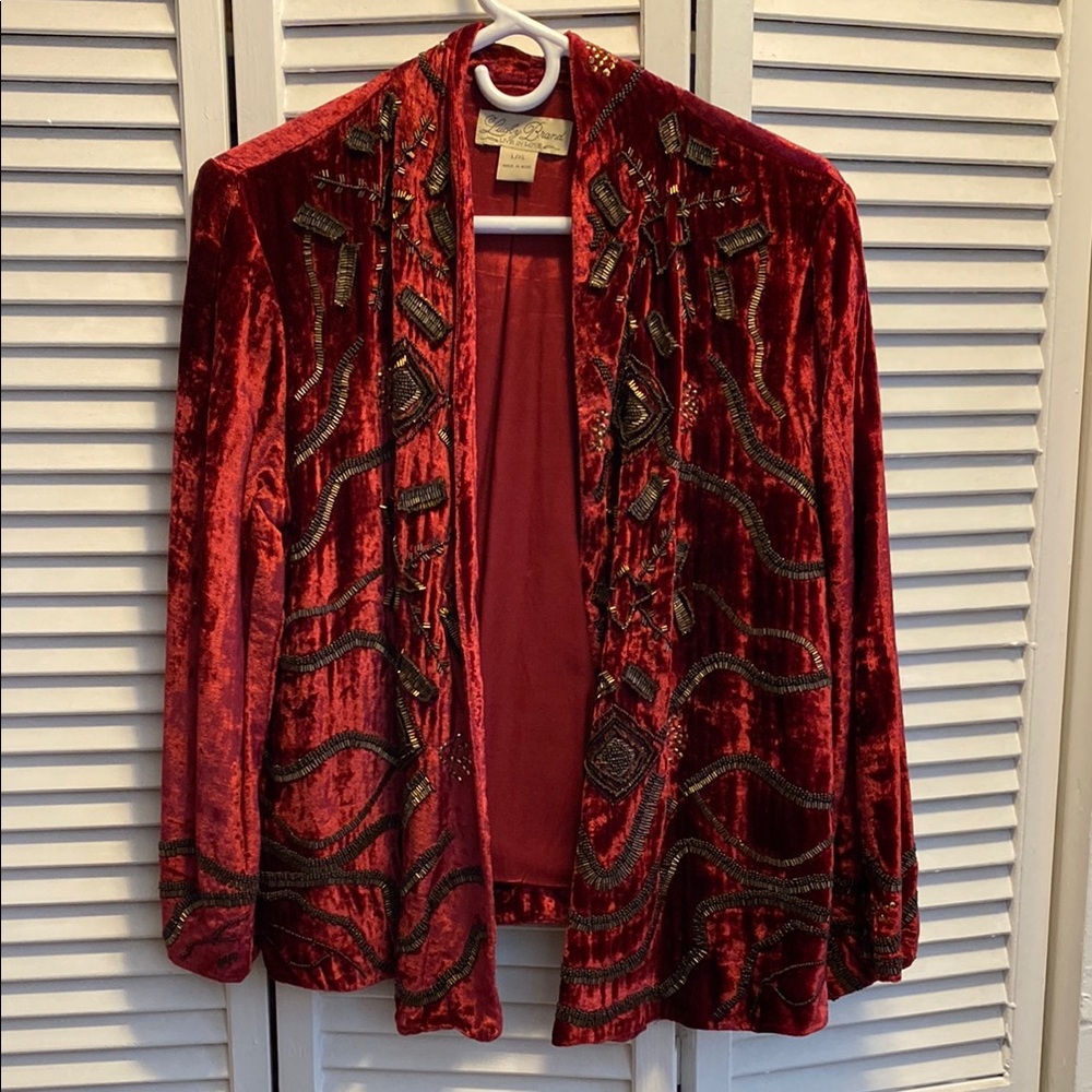 Lucky Brand Red Velvet Beaded Jacket